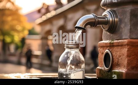 Ein Wasserhahn ist mit einem Wasserhahn verbunden, wobei eine wiederverwendbare Wasserflasche an einem öffentlichen Brunnen gefüllt wird. Das Wasser fließt vom Wasserhahn in den Boden Stockfoto