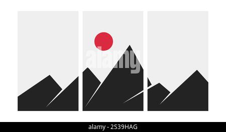 Minimale Berglandschaftscollage. Abstrakte Poster im japanischen Stil, moderne Tapeten für die Inneneinrichtung. Vektorgrafik Stock Vektor