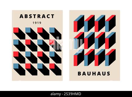 Geometrisches Posterset Bauhaus. Quadratische und runde, einfache Formen im Retro-Stil, flaches Design im Hipster-Stil. Vektorabbildung Stock Vektor