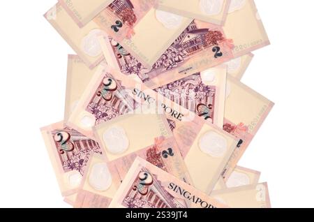 2 singapurische Dollarscheine fliegen isoliert auf weiß herunter. Viele Banknoten fallen mit weißem Kopierraum auf der linken und rechten Seite. 2 Dollar aus Singapur Stockfoto