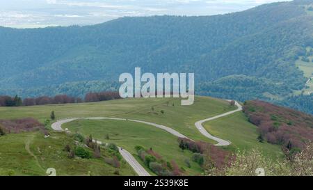 Gewundene Straße durch die malerischen grünen Hügel und die Berglandschaft Stockfoto