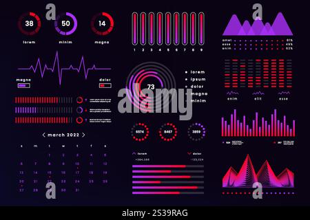 Infografik-UI-UX-Dashboard. Finanzdiagramm, Statistikdiagramme, Webdaten der Benutzeroberfläche, Admin-Panel für futuristische Vektoren Stock Vektor