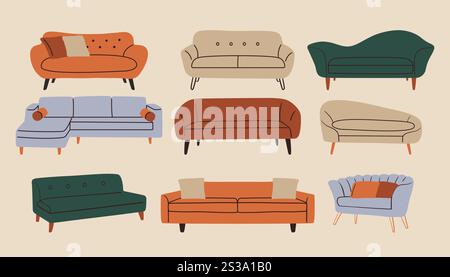 Moderne Möbel mit Kritzeleien. Komfortables Sofa Couch Mid Century zeitgenössischer Stil, Vektorzimmerdekoration Innendesign Stock Vektor