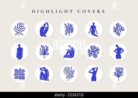 Abstrakte Story Highlight Cover. Mid Century zeitgenössische Matisse inspirierte Kunst Social Media Geschichten, minimales Vektordesign Stock Vektor