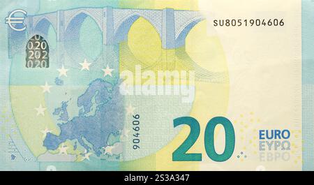 Fragment eines 20-Euro-Geldbetrags. Einzelheiten der Euro-Banknote der Europäischen union im Wert von 20 Euro Nahaufnahme. Fragment eines 20-Euro-Geldbetrags. Stockfoto