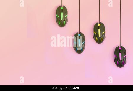 Mehrere Computermäuse hängen auf einem pastellrosa Hintergrund. Das Konzept kooperativer Computervideospiele, die Verwendung von Auto-Clicker und Pay-per-Click Stockfoto