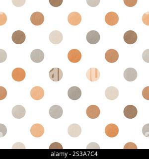Nahtloses Muster aus mehrfarbigen Polka Dots mit Papierstruktur im warmen Herbst-Weihnachtsmotiv, Konfetti. Aquarellhandillustration als Hintergrund für Stockfoto