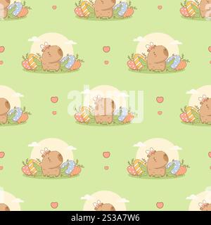 Nahtloses Ostermuster. Niedliche Capybara mit dekorativen paschaleiern auf grünem Hintergrund. Weihnachtscartoon mit kawaii-Charakter und Tierkulisse. Vektorillu Stock Vektor