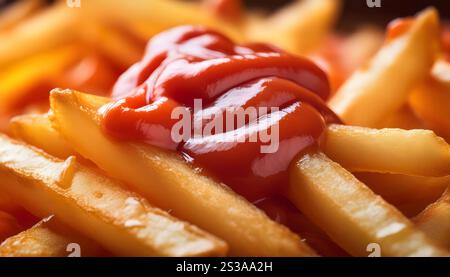 Ein detaillierter Blick auf frisch zubereitete Pommes frites, bedeckt mit einer großzügigen Menge an kräftigem rotem Ketchup, zeigt die klassische und beliebte Kombination von fla Stockfoto