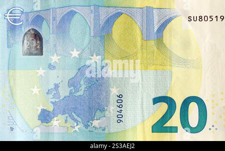 Fragment eines 20-Euro-Geldbetrags. Einzelheiten der Euro-Banknote der Europäischen union im Wert von 20 Euro Nahaufnahme. Fragment eines 20-Euro-Geldbetrags. Stockfoto