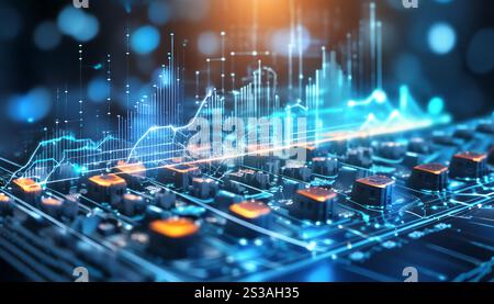 Abbildung des Konzepts von Big Data und Datenanalyse mit Symbolen wie Datenströmen, Cloud-Speicher und Diagrammen, die Daten-ana symbolisieren Stockfoto