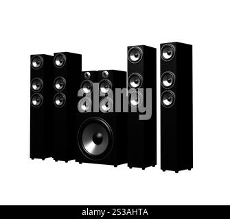 Black Sound Speakers System Isoliert Auf Weiß Stockfoto