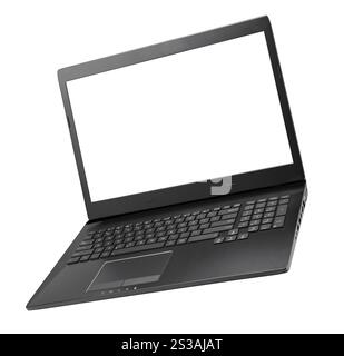 Laptop mit leerem weißen Bildschirm. Isoliert auf weißem Hintergrund. Laptop mit leerem weißen Bildschirm Stockfoto