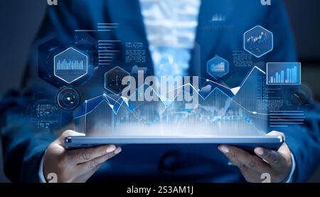 Abbildung des Konzepts der Datenanalyse mit Elementen wie Diagrammen, Diagrammen und Daten-Dashboards, die Datenanalyse und Erkenntnisse symbolisieren Stockfoto