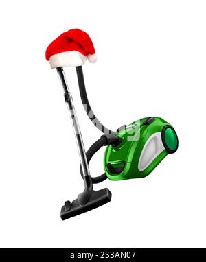 Staubsauger mit weihnachtsmütze isoliert auf weißem Hintergrund. Staubsauger mit weihnachtsmütze Stockfoto