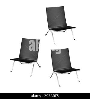 Barhocker aus glänzendem Metall und schwarzem Leder, isoliert auf weiß. Barhocker aus glänzendem Metall und schwarzem Leder Stockfoto