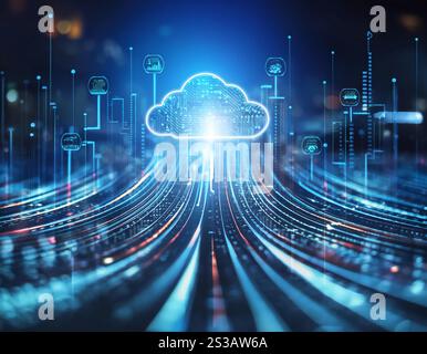 Abbildung des Konzepts von Big Data und Datenanalyse mit Symbolen wie Datenströmen, Cloud-Speicher und Diagrammen, die Daten-ana symbolisieren Stockfoto