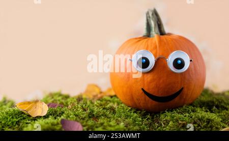 Ein einzelner Kürbis mit einem bemalten Smiley-Gesicht und großen Googly-Augen liegt auf einem Bett aus grünem Moos vor einem verschwommenen Hintergrund von Herbstlaub. Stockfoto