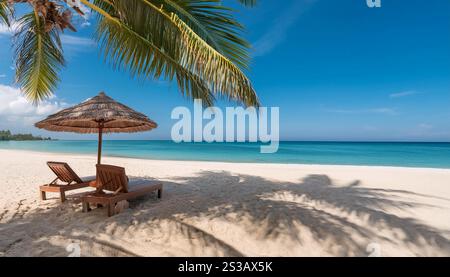 Ein ruhiger Strand mit einer hohen Palme, die Schatten auf den feinen weißen Sand wirft. Zwei Liegestühle unter einem großen Sonnenschirm sind einladend Stockfoto