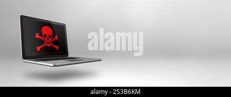 Laptop mit Piratensymbol auf dem Bildschirm. Hacking und Virenkonzept. 3D-Illustration isoliert auf weißem Hintergrund. Horizontales Banner. Laptop mit Stockfoto