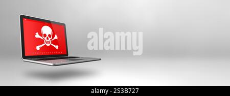 Laptop mit Piratensymbol auf dem Bildschirm. Hacking und Virenkonzept. 3D-Illustration isoliert auf weißem Hintergrund. Horizontales Banner. Laptop mit Stockfoto