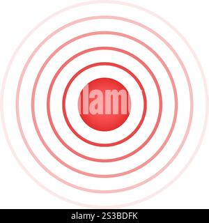 Wunden, Schmerzen oder Entzündungen. Impuls-, Vibration- oder Expansionszeichen. Stosswelle, Radarsignal, Sonar- oder Schallwellenpiktogramm. Symbol für die Schmerzlokalisierung. Rote konzentrische Kreise. Vektorabbildung. Stock Vektor