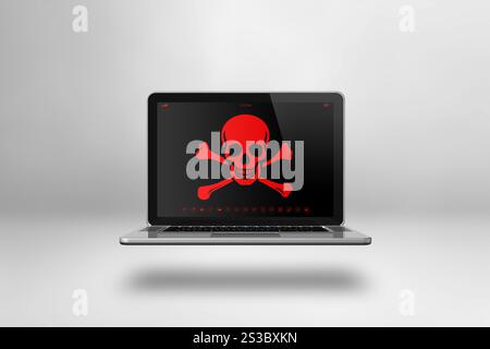 Laptop mit Piratensymbol auf dem Bildschirm. Hacking und Virenkonzept. 3D-Illustration isoliert auf weißem Hintergrund. Laptop mit Piratensymbol Stockfoto