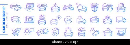 Satz dünner Vektorsymbole des Autohändlers. Lineare Symbole für Autohändler, Automobilindustrie oder Fahrzeughandel. Mietservice, Reparaturwerkstatt, Kaufvertrag, Transportversicherung Stock Vektor