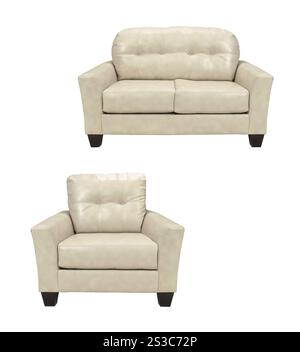 Weißes Sofa mit Stuhl auf weißem Hintergrund. Weißes Sofa mit Sessel isoliert Stockfoto