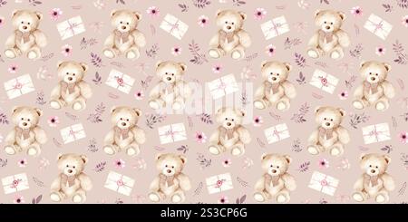 Nahtloses Aquarellmuster mit Teddybären, Umschlägen und Blumen. Die Abbildung ist handgezeichnet. Die Zeichnung eignet sich für die Dekoration von Kinderzimmern, Geschenken, Feiertagen Stockfoto