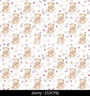 Nahtloses Aquarellmuster mit Teddybären, Umschlägen und Blumen. Die Abbildung ist handgezeichnet. Die Zeichnung eignet sich für die Dekoration von Kinderzimmern, Geschenken, Feiertagen Stockfoto