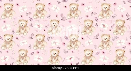 Nahtloses Aquarellmuster mit Teddybären, Umschlägen und Blumen. Die Abbildung ist handgezeichnet. Die Zeichnung eignet sich für die Dekoration von Kinderzimmern, Geschenken, Feiertagen Stockfoto
