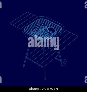 Blaue Zeichnung eines Grills mit Holzkohlegrill. Der Grill befindet sich auf einem Holzständer mit einem Griff Stock Vektor