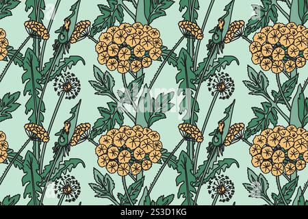 Botanisches abstraktes nahtloses Muster mit Chrysanthemen-Vektor-Illustration. Blumenmuster in auffälligen Vintage-Farben. Grafikdesign f Stock Vektor