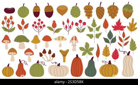 Großes Set aus Comic-Designelementen im Herbst im flachen Stil. Nüsse und Kegel, Pilze und Beeren, Kürbisse und Blätter. Ernte im Herbst sammeln. Stockfoto