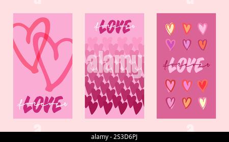 Niedliche handgezeichnete Vorlage für Herz- und Textgeschichten. Druckbarer großartiger Hintergrund für Valentinstag, Hochzeiten, Muttertag. Design für Karte, Postkarte, po Stock Vektor