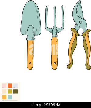 Garten. Große Sammlung von Vektorillustrationen der Landwirtschaft. Gartenwerkzeuge, Haushaltssammlung. Gemüseanbau. Frühlingsgewächshauspflanzen, Setzlinge Stock Vektor