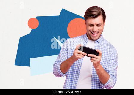 Composite Sketch Design Artwork 3D Foto Collage von jungen Mann Hand halten Gamepad Schüler süchtig Ego Joysticks drahtlos entspannen Stockfoto