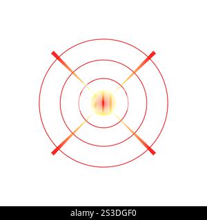 Symbol für die Schmerzlokalisierung in rotem Kreis. Wundfleck-Symbol für Körperschmerzen. Markierung des verletzenden Bereichs. Gezieltes Schmerzzeichen in medizinischen und Werbedesigns Stock Vektor