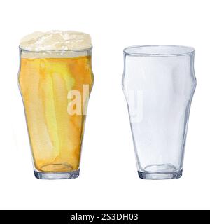 Handgezeichnetes Glas für Bier, Glas mit Bier, Bierfest, Aquarellillustration. Watercolor internationaler Biertag. Stockfoto