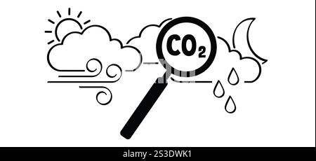 Luftqualitätsüberwachung, Umgebungsbedingungen für PPM, CO2-Messkarte, Prüfung von CO2-Messgeräten. CO2 und Treibhausgase, Wolken mit Sonne und Mond. Wolke se Stockfoto