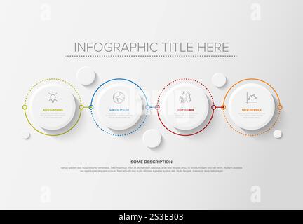 Eine übersichtliche Infografik mit vier verbundenen Kreisen mit Symbolen und Text. Das Design setzt minimalistische Elemente und leuchtende Farben ein, um Akzente zu setzen Stock Vektor