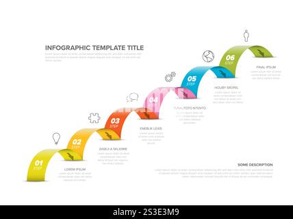 Eine farbenfrohe, aufsteigende Infografik-Vorlage mit Platzhaltertext und Symbolen. Diese Infografik enthält unterschiedliche Farben und Symbole für jeden Schritt, Stock Vektor