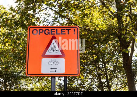 Radweg Warnschilder in Flandern Belgien. Orangefarbenes Warnschild mit Aufschrift „Watch Out“ in Niederländisch. Leerzeichen nach rechts kopieren. Verkehrssicherheitskonzept. Stockfoto