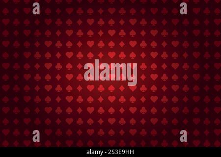 Roter Hintergrund mit Kartenanzügen. Bild von Pik, Herzen, Diamanten, Schlägern. Casino-Hintergrund. Stock Vektor