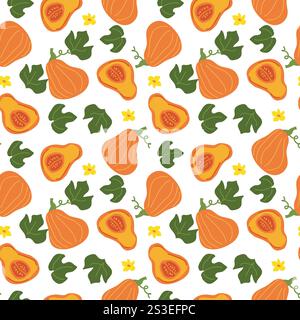Nahtloses Muster aus stilisierten orangefarbenen Kürbissen mit grünen Blättern und gelben Blüten. Stock Vektor