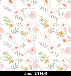 Nahtloses Blumenmuster mit rosa Blüten und grünen Blättern auf weißem Hintergrund. Stock Vektor