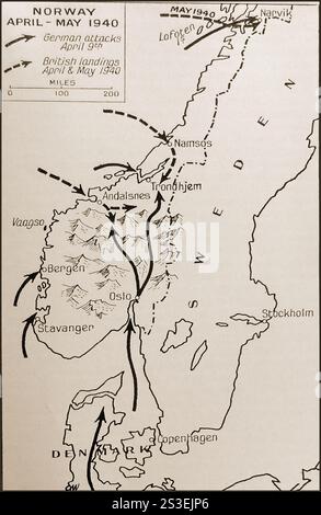 Eine Karte Norwegens in der Zeit von April bis Mai 1940, die britische und deutsche Bewegungen zeigt. - Et krigstidskart over Norge Slik det var i april-mai 1940 som viser britiske og tyske bevegelser. - Eine Kriegskarte von Norwegen im April-Mai 1940, die britischen und deutschen Bewegungen zeigen. - Stockfoto