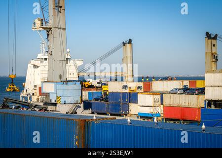 Frachtcontainer mit Autos auf dem Massengutfrachter im Seehafen an sonnigen Tagen. Seeverkehrslogistik, Transport, kommerzieller Seehafen, Frachtcontainer in verschiedenen Farben, Frachtumschlag, Schiffskrane, klarer blauer Himmel, Möwen ruhend Stockfoto