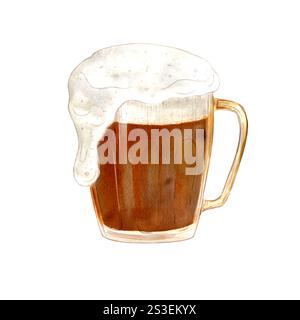 Eine Tasse dunkles Bier mit weißem Schaum, hervorgehoben auf weißem Hintergrund, digitale Aquarellillustration. Ein Element der Textilien, der Innenarchitektur Stockfoto